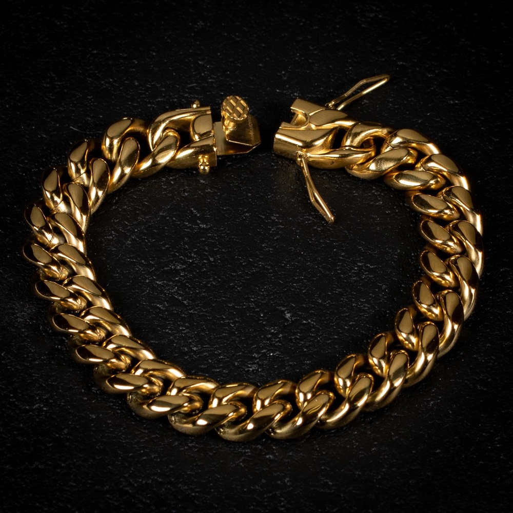Men's Heavy 14K Gold Plated Stainless Steel Miami Cuban Link Chain Bracelet